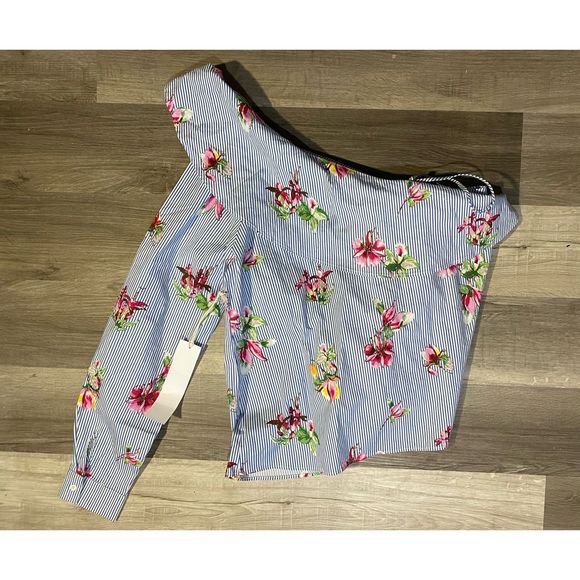 Urban Outfitters Lumiere NWT Floral Striped One Shoulder Blouse, Size Large - Picture 11 of 11